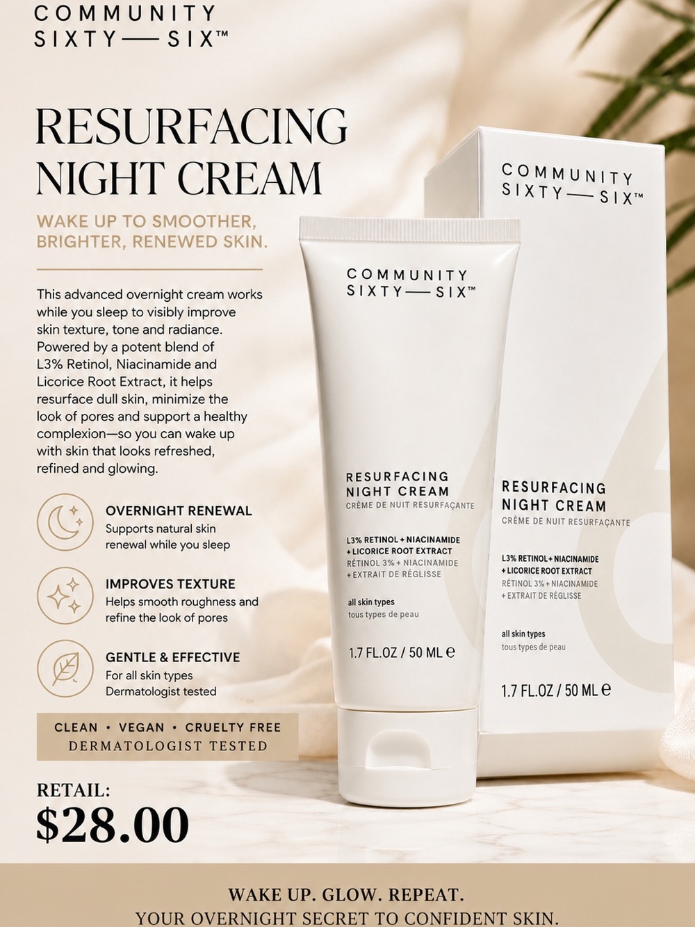 Community Sixty-Six Resurfacing Night Cream – 1.7 oz / 50 mL | Brand New